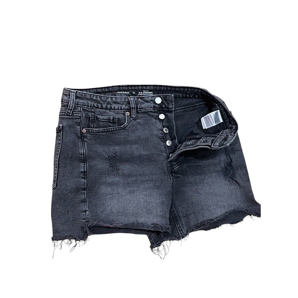 Old Navy Black Destroyed Denim Shorts O.G. Straight Hi Rise Button Fly Size 12